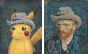 Pikachu og Vincent van Gogh med grå filthat. Foto: Pokémon